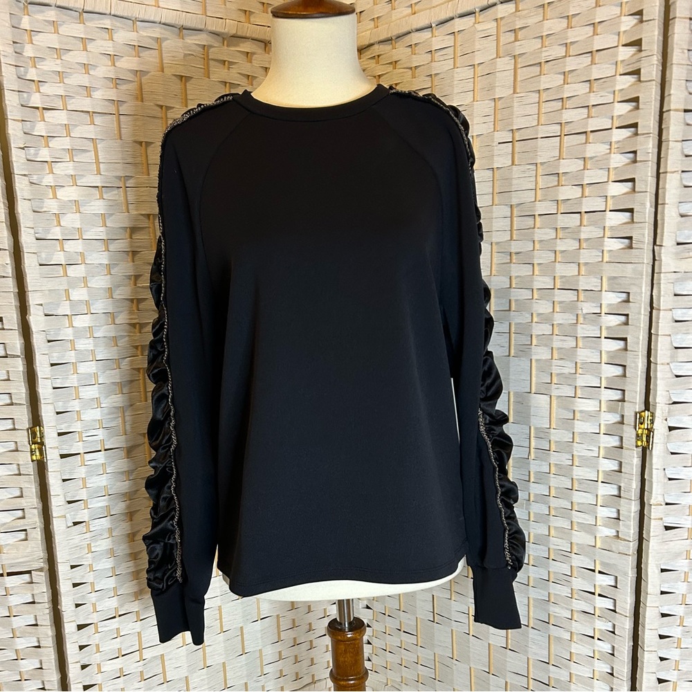 Long sleeve black top with satin and sequin detail sleeves